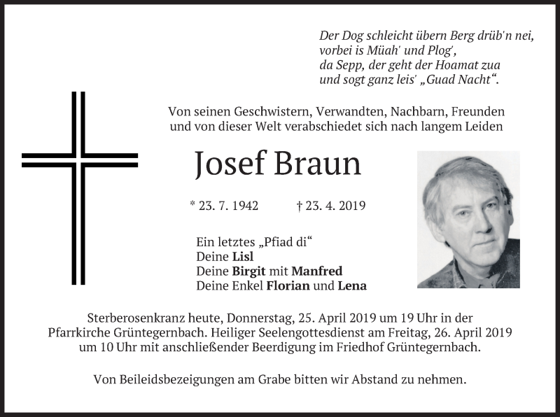  Traueranzeige für Josef Braun vom 25.04.2019 aus merkurtz