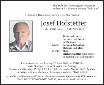Traueranzeige von Josef Hofstetter