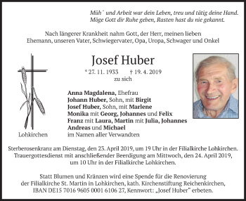 Traueranzeige von Josef Huber von merkurtz