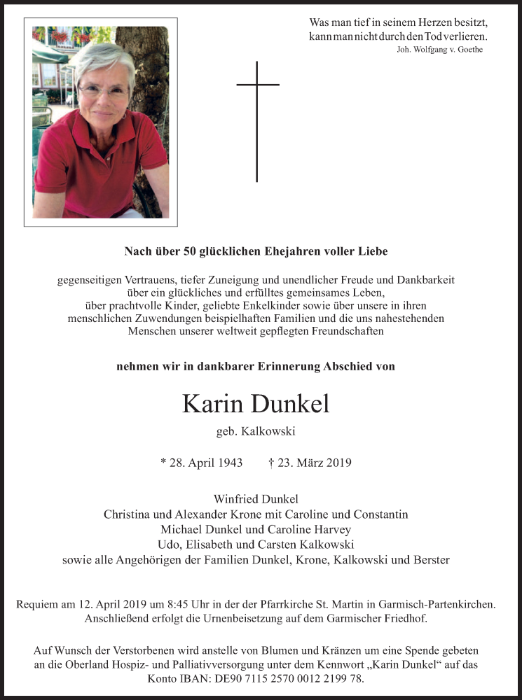  Traueranzeige für Karin Dunkel vom 06.04.2019 aus merkurtz