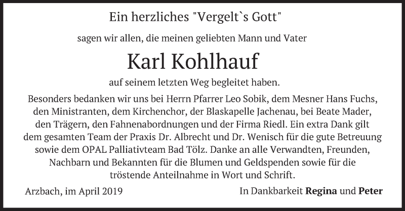  Traueranzeige für Karl Kohlhauf vom 27.04.2019 aus merkurtz