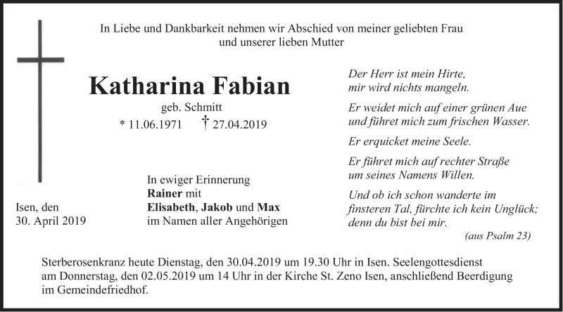  Traueranzeige für Katharina Fabian vom 30.04.2019 aus merkurtz