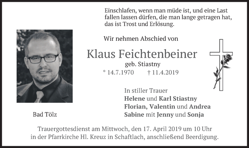  Traueranzeige für Klaus Feichtenbeiner vom 15.04.2019 aus merkurtz