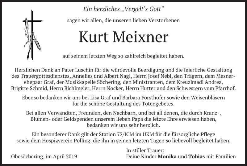  Traueranzeige für Kurt Meixner vom 06.04.2019 aus merkurtz