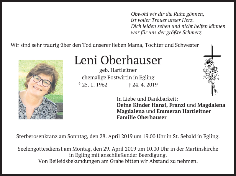 Traueranzeigen von Leni Oberhauser | trauer.merkur.de