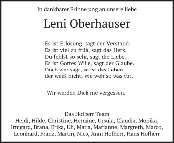 Traueranzeige von Leni Oberhauser von merkurtz