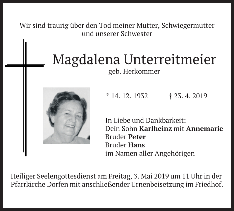  Traueranzeige für Magdalena Unterreitmeier vom 30.04.2019 aus merkurtz