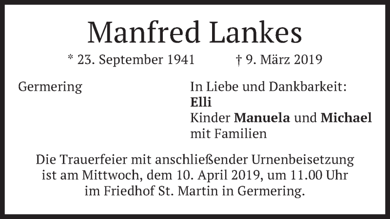  Traueranzeige für Manfred Lankes vom 06.04.2019 aus merkurtz