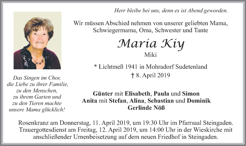 Traueranzeigen von Maria Kiy | trauer.merkur.de