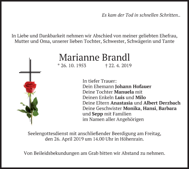  Traueranzeige für Marianne Brandl vom 24.04.2019 aus merkurtz