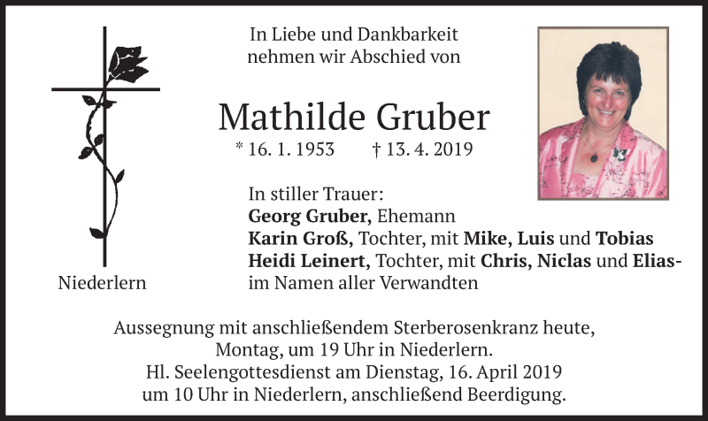  Traueranzeige für Mathilde Gruber vom 15.04.2019 aus merkurtz