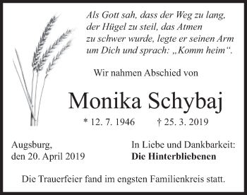 Traueranzeige von Monika Schybaj von merkurtz