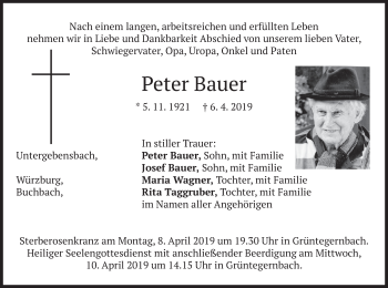 Traueranzeige von Peter Bauer von merkurtz