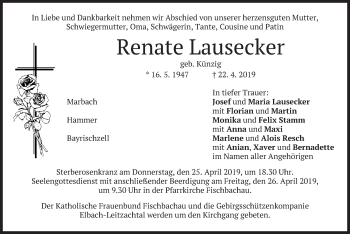 Traueranzeige von Renate Lausecker von merkurtz