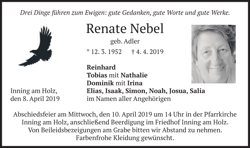  Traueranzeige für Renate Nebel vom 08.04.2019 aus merkurtz