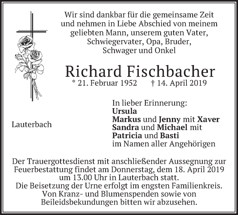  Traueranzeige für Richard Fischbacher vom 16.04.2019 aus merkurtz