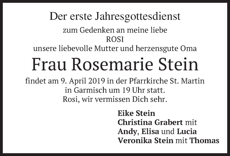  Traueranzeige für Rosemarie Stein vom 06.04.2019 aus merkurtz