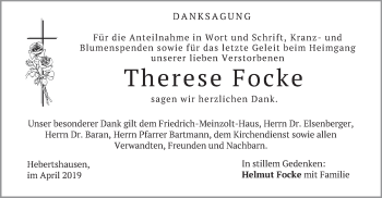 Traueranzeige von Therese Focke