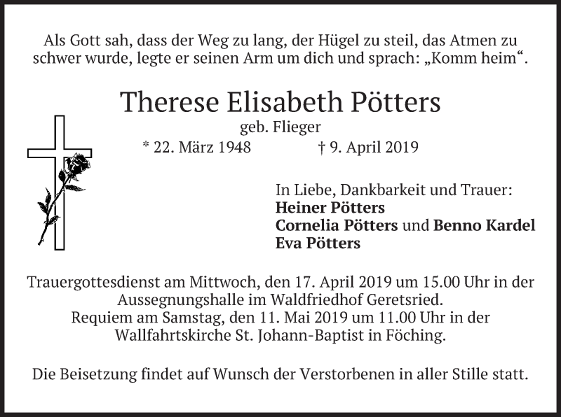  Traueranzeige für Therese Elisabe-h Pötters vom 13.04.2019 aus merkurtz