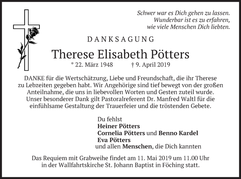  Traueranzeige für Therese Elisabeth Pötters vom 27.04.2019 aus merkurtz