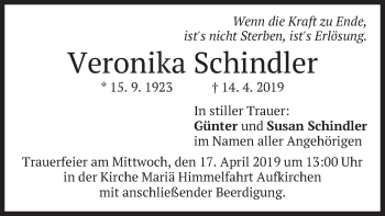 Traueranzeige von Veronika Schindler von merkurtz
