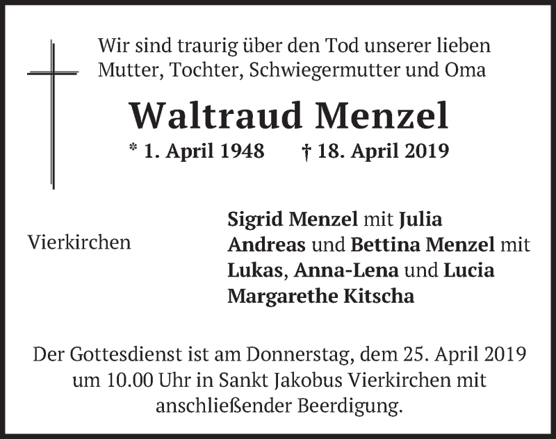  Traueranzeige für Waltraud Menzel vom 20.04.2019 aus merkurtz
