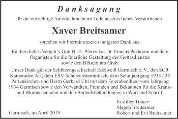 Traueranzeige von Xaver Breitsamer von merkurtz