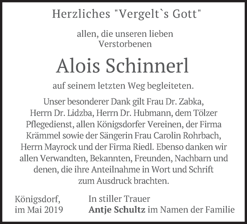  Traueranzeige für Alois Schinnerl vom 18.05.2019 aus merkurtz