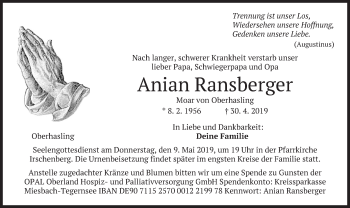 Traueranzeige von Anian Ransberger von merkurtz
