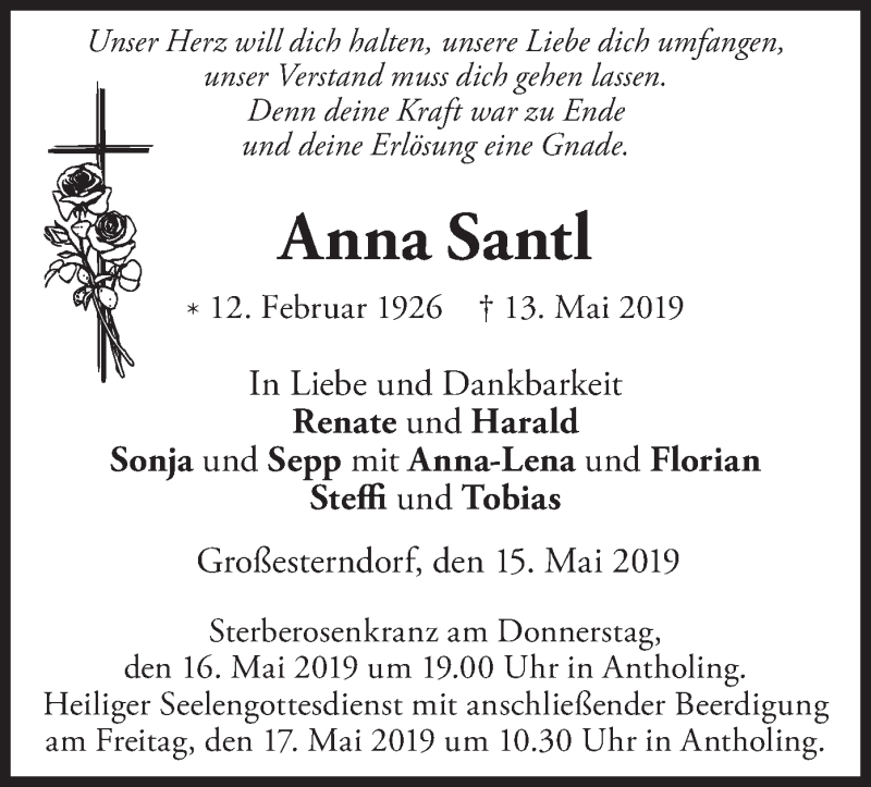  Traueranzeige für Anna Santl vom 15.05.2019 aus merkurtz