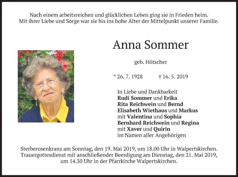  Traueranzeige für Anna Sommer vom 18.05.2019 aus merkurtz