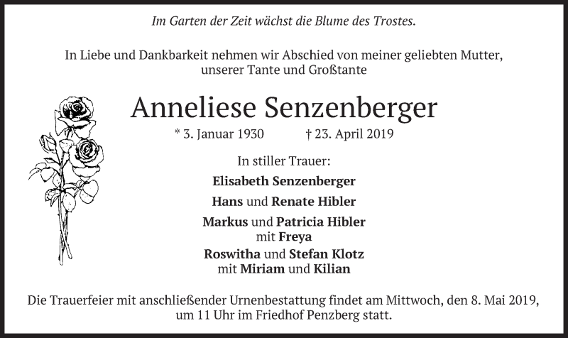  Traueranzeige für Anneliese Senzenberger vom 04.05.2019 aus merkurtz