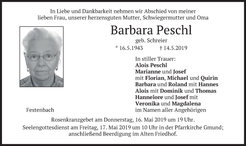  Traueranzeige für Barbara Peschl vom 15.05.2019 aus merkurtz