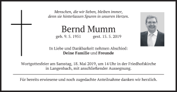 Traueranzeige von Bernd Mumm von merkurtz