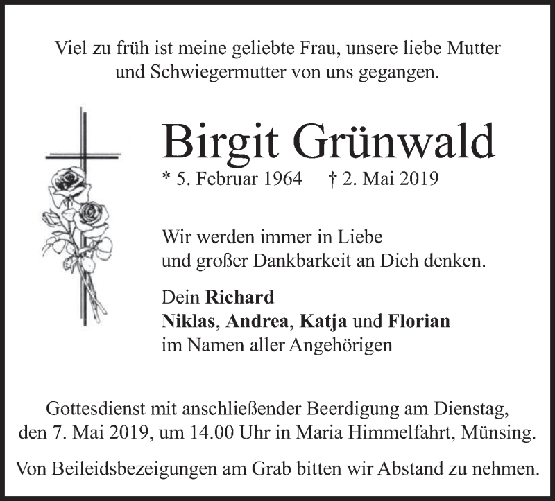  Traueranzeige für Birgit Grünwald vom 06.05.2019 aus merkurtz