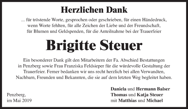  Traueranzeige für Brigitte Steuer vom 11.05.2019 aus Das Gelbe Blatt Penzberg