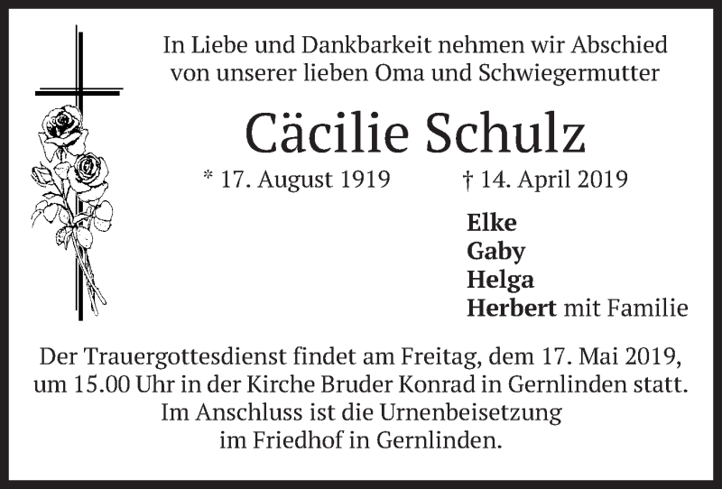  Traueranzeige für Cäcilie Schulz vom 11.05.2019 aus merkurtz