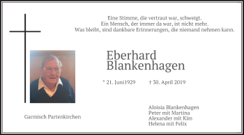 Traueranzeige von Eberhard Blankenhagen von merkurtz