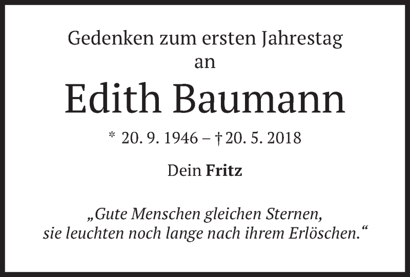  Traueranzeige für Edith Baumann vom 20.05.2019 aus merkurtz