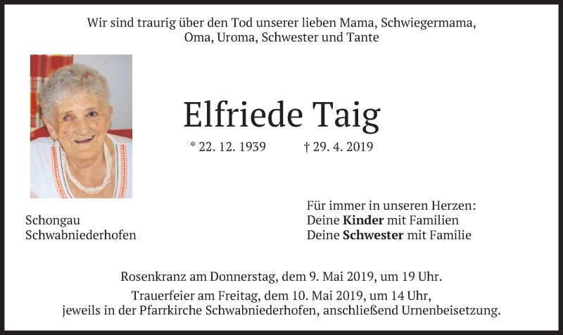  Traueranzeige für Elfriede Taig vom 07.05.2019 aus merkurtz