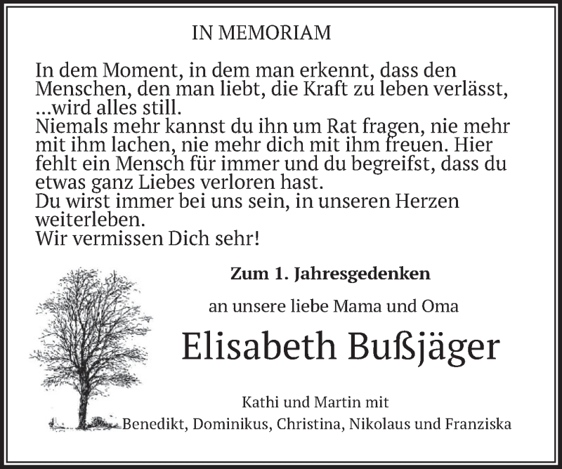  Traueranzeige für Elisabeth Bußjäger vom 13.05.2019 aus merkurtz