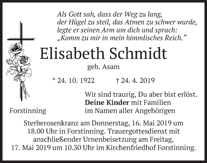  Traueranzeige für Elisabeth Schmidt vom 15.05.2019 aus merkurtz