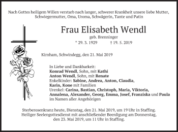 Traueranzeige von Elisabeth Wendl von merkurtz