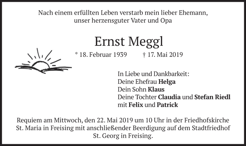  Traueranzeige für Ernst Meggl vom 21.05.2019 aus merkurtz