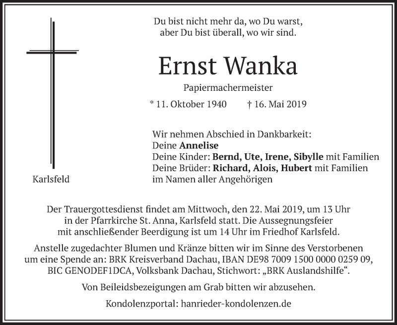  Traueranzeige für Ernst Wanka vom 18.05.2019 aus merkurtz