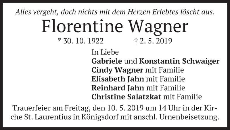  Traueranzeige für Florentine Wagner vom 08.05.2019 aus merkurtz