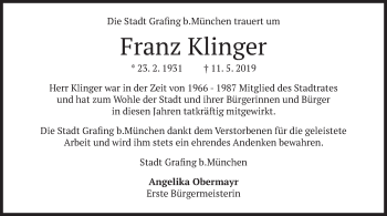 Traueranzeige von Franz Klinger von merkurtz
