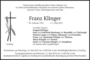Traueranzeige von Franz Klinger von merkurtz