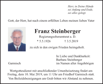 Traueranzeige von Franz Steinberger von merkurtz