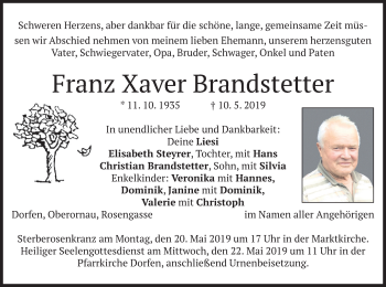 Traueranzeige von Franz Xaver Brandstetter von merkurtz